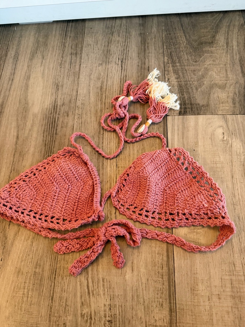 She Made Me Crochet Triangle Bikini Top Rose Pink Cowrie Shell Tassel Boho
